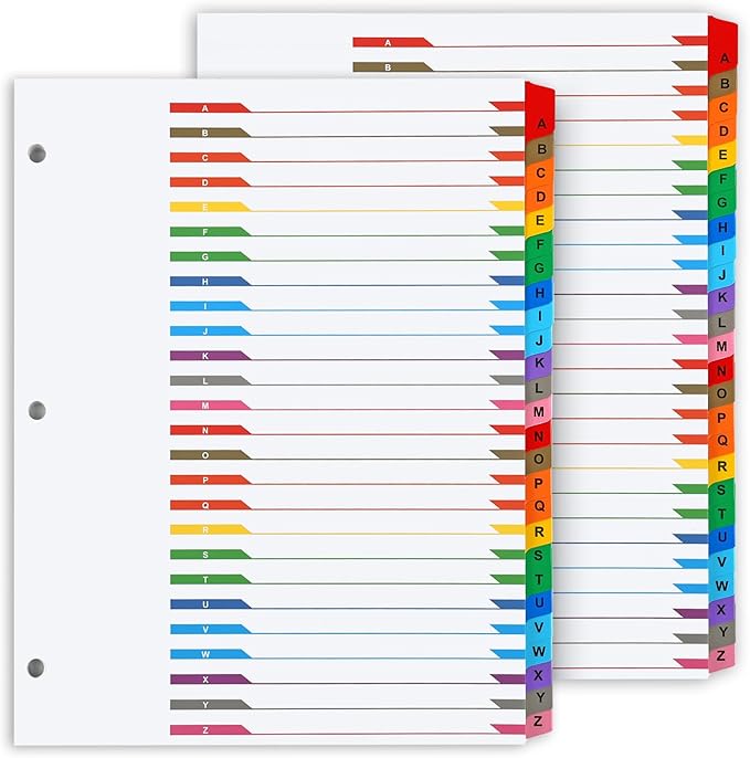 Alphabet Binder Dividers for 3 Ring Binder, COIDEA A-Z Dividers for 3 Ring Binder, Multicolor A-Z Binder Dividers with Customizable Table of Contents Page, ABC Alphabet Tabs for School Office