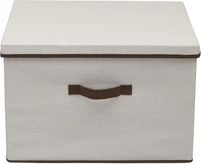 Household Essentials Wide Fabric Storage Bin with Lid, 18.5" W x 15" D, Wide-18.5", Natural and Brown