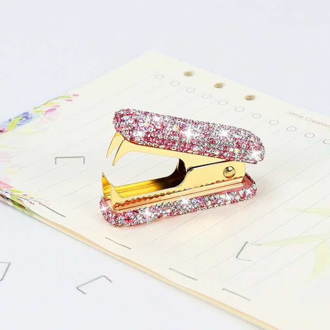 Multibey Arylic Staples Remover, Rhinestone Handmade Crystal Staple Removal Tool Staple Puller Metal Jaws Stationery, Dazzling Bling Office Desk Accessory for Office School and Home (Pink)