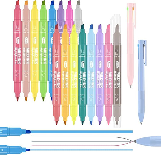 Dual Tip Aesthetic Highlighters 16 Colors and 2 Pcs 3 in 1 Multicolor Gel Pens 6 Colors Ink, Chisel & Fine Tips, No Bleed, Cute Bible Highlighters Assorted Colors for Journaling Textbook
