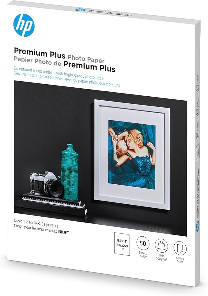 HP Premium Plus Photo Paper - Designed for HP Inkjet Printers, Glossy, 8.5x11 in, 50 sheets - (Pack of 1), (CR664A) White