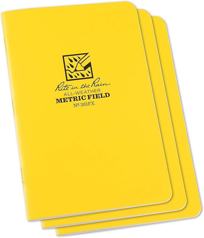 Rite In The Rain Weatherproof Stapled Notebook, 4.625" x 7", Yellow Cover, Metric Field Pattern, 3 Pack (No. 361FX)