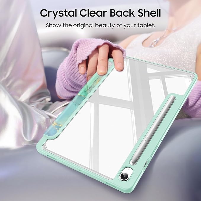 Fintie Hybrid Slim Case for Samsung Galaxy Tab S10 Lite/ S10 FE/ S9 FE 10.9 Inch/Tab S9 11 Inch with S Pen Holder, Shockproof Cover with Clear Transparent Back Shell, Auto Wake/Sleep, Emerald Marble