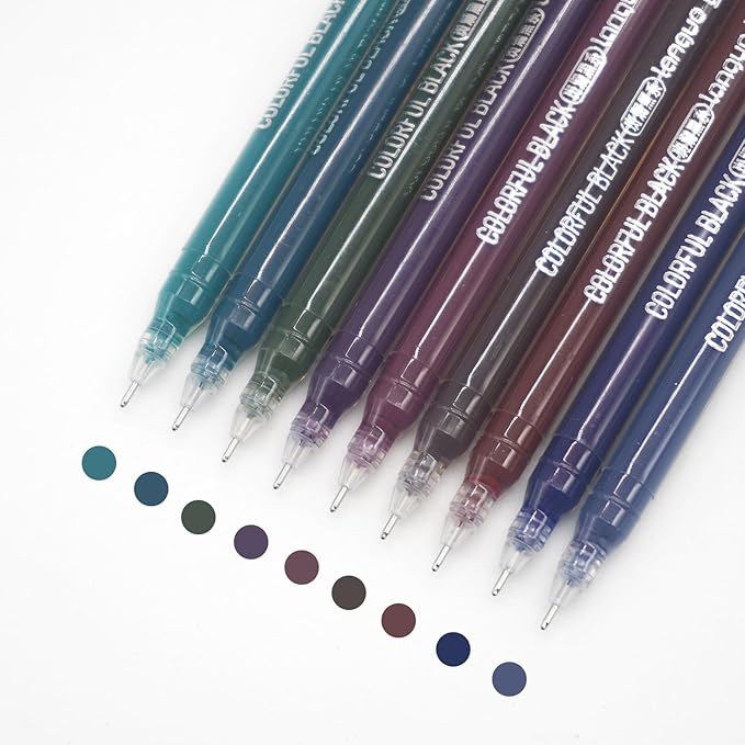 Gel Pens with Fine Point 0.6mm, 9 Colors Drawing Pencils for Adult Coloring Books Smooth Writing Pen Set for Journaling(Colorful Black)