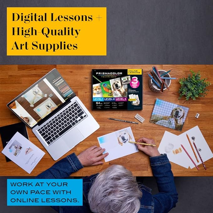 Prismacolor Technique Art Supplies and Digital Art Lessons Animal Drawing Set Bundle Levels 1-3 Adult Coloring 54 Count