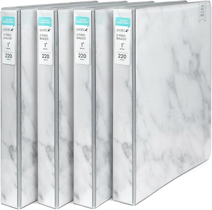 Yoobi 3 Ring Binders- Marble Design, Gray Color- 1 Inch Binder with Round D Rings and 2 Pockets, Durable, PVC-Free Organizer with 220 Sheets Capacity, 4- Pack with Plastic Cover for Office Supplies