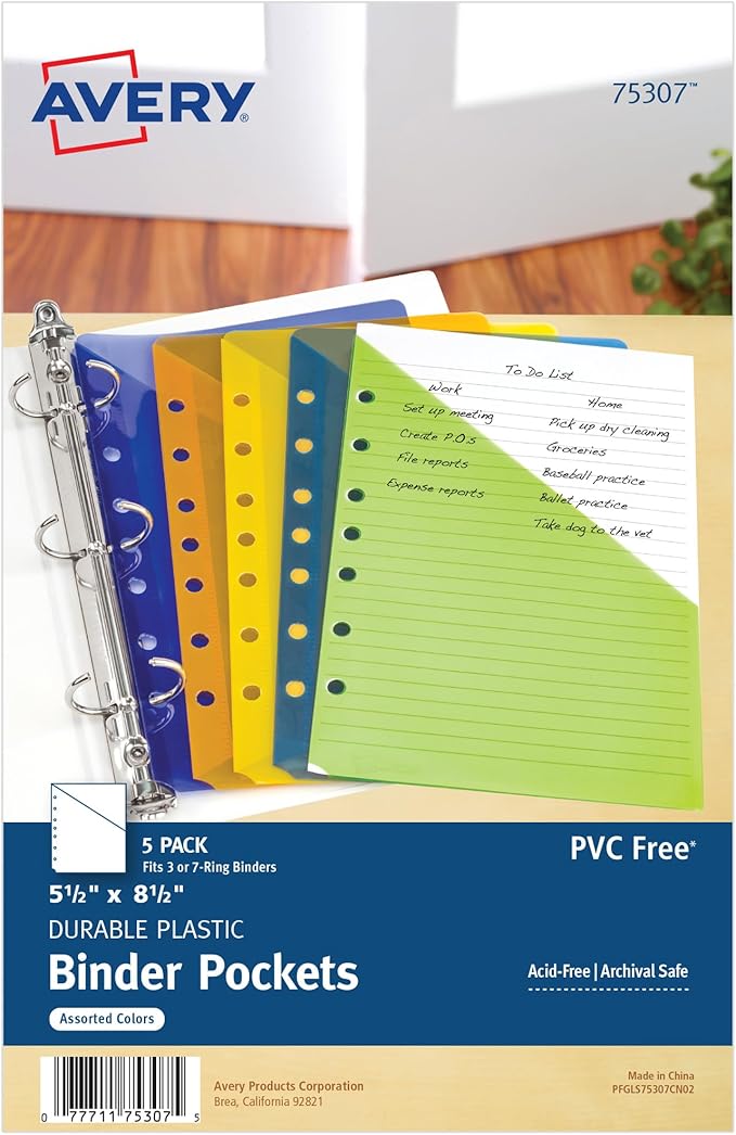 Avery Mini Binder Pockets for 3 Ring Binders and 7 Ring Binders, Assorted Colors, for 5.5" x 8.5" Documents, Acid-Free and Archival-Safe, 5 Binder Folders Total (75307)
