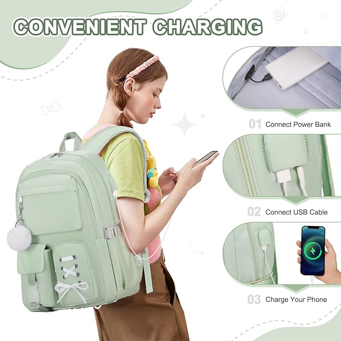 Backpacks for Girls, Girls Backpack with Lunch Box & Pencil Pouch for Teens Girl Kids Elementary Middle High School College Student Bookbag Daypack Laptop Travel Backpack for Women (Green)