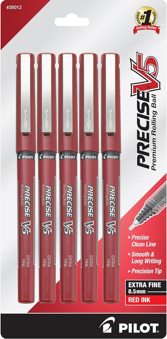 Pilot Precise V5 Rollerball Pens, Extra Fine Point 0.5 mm Red Pens, Pack of 5 - Ideal for School, Journaling & Office Writing