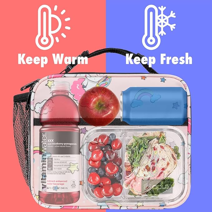 opux Insulated Lunch Bag Kids, Lunch Box for School Boy Girl, Leakproof Small Reusable Compact Soft Mini Cooler Bag, Toddler Small Lunch Boxes Kit Pail with Front Side Pockets (Pink Unicorn)
