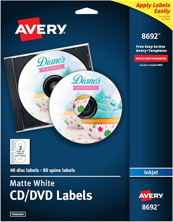 Avery Printable CD Labels, Matte White, Permanent Adhesive for Inkjet Printers, Includes 40 CD & 80 Spine Sticker Labels to Write On (8692)