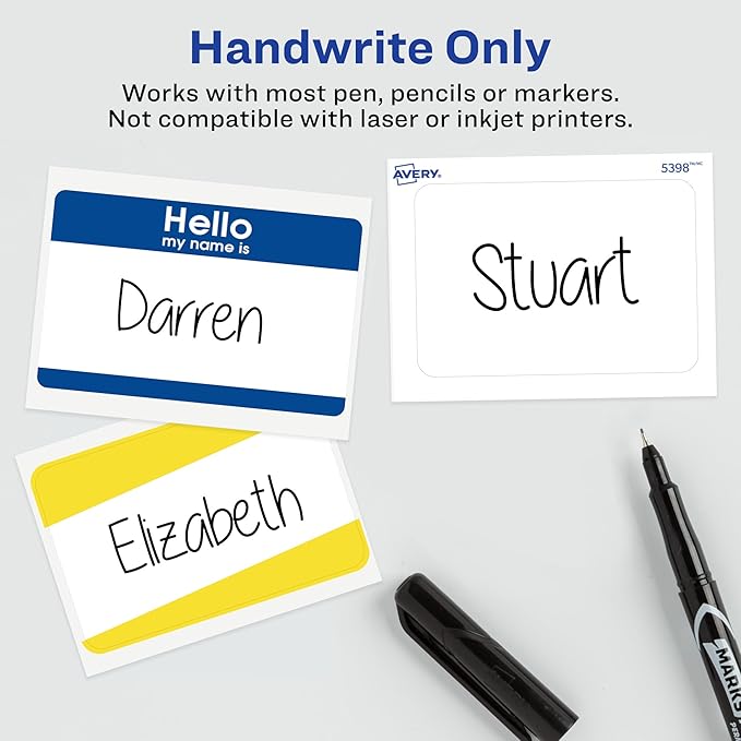 Avery Customizable Name Tags, Hello My Name is, 2-1/3" x 3-3/8", White, Blue Border, Removable Adhesive, Non-Printable, 200 Total (8-Pack of 6175)