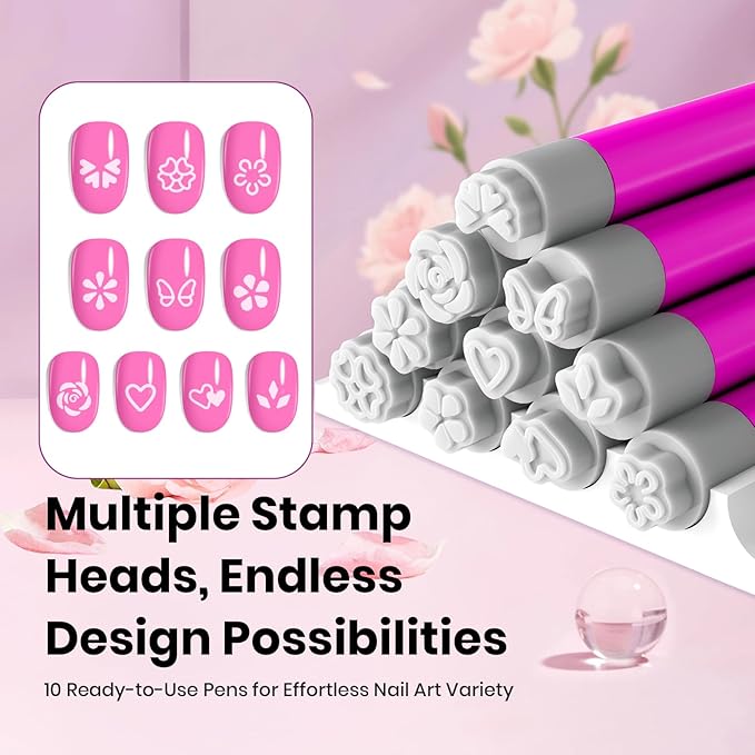 Beetles 10Pcs Nail Art Stamp Pen Set Flower Butterfly Rose Different Patterns Nails Transfer Pen with Clean Up Brush Palette Holder Nail Art Brushes Kit Manicure Design Tools DIY Nails Supplies