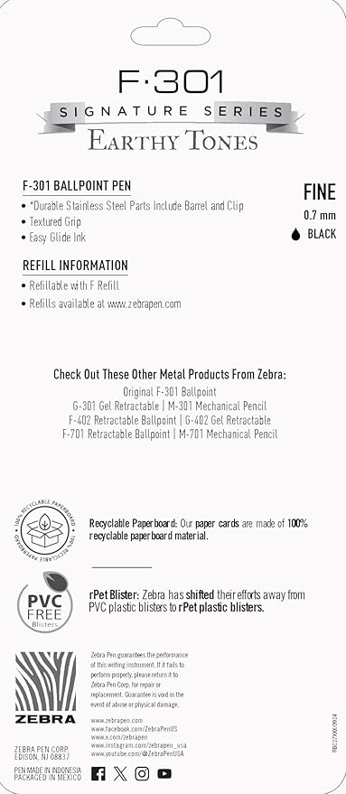 Zebra Pen F-301 Signature Series Retractable Ballpoint Pen, 0.7mm, Black Easy-Glide Ink, Stainless-Steel Barrel, Pewter Earth Tone Accents, Ideal for Office, Journal and Planner Use, 4-Pack (27214)