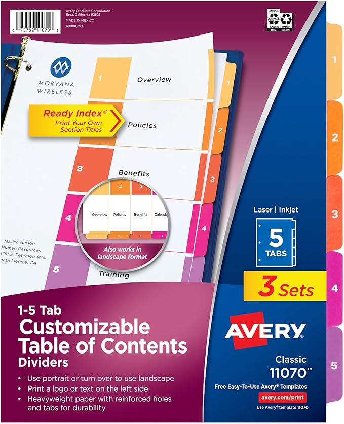 Avery Dividers for 3 Ring Binders, 5 Tabs per Set, Customizable Table of Contents, Multicolor Tabs, Great for Organizing Reports, Projects, and More (3 Sets of 11070)