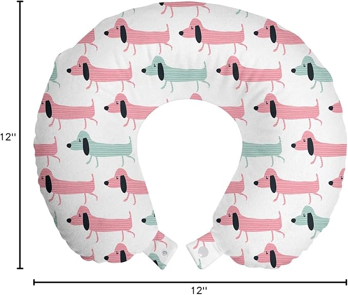 Ambesonne Dachshund Travel Pillow Neck Rest, Pattern with Funny Cartoon Sausage Dogs, Memory Foam Traveling Accessory for Airplane and Car, 12", Seafoam Pink