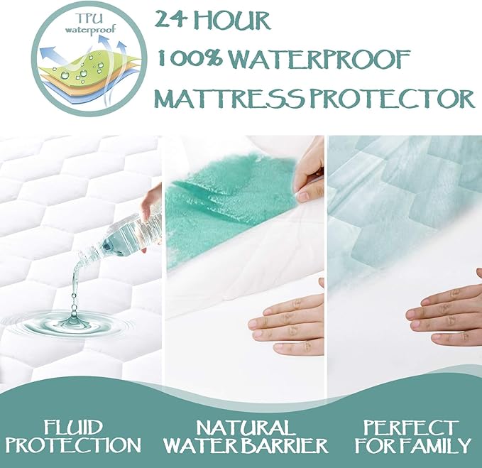 Twin XL Quilted Waterproof Mattress Pad Cover,Soft Mattress Pad Cover, Waterproof Mattress Protector Stretches up to 16” Deep Pocket-Hollow Alternative Filling-Cooling Mattress Topper