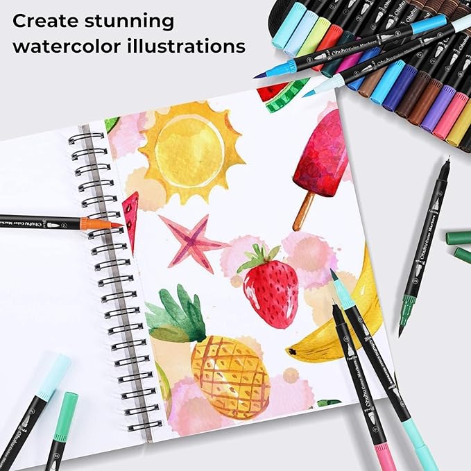 Ohuhu Markers for Adult Coloring Books: 100 Colors Brush Pens Dual Brush Fine Tip Drawing Pens Water-Based Coloring Markers for Calligraphy Bullet Journal with Carrying Case - Maui - Black