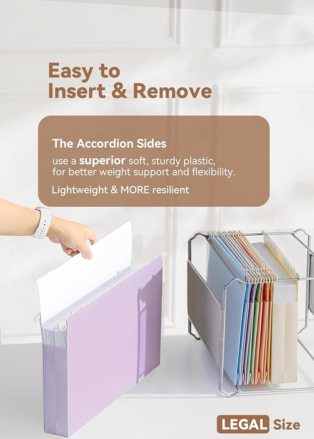 Plastic Extra Capacity Legal Size Hanging File Folders, 2" Pastel Expanding Pocket, Heavy Duty for Filing Cabinet, Insertable 1/5-Cut Tabs - 12 Pack
