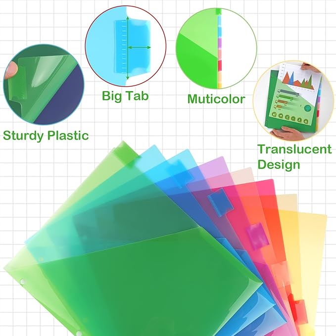 48 Count Binder Dividers with Pockets, 8 Tab Plastic Dividers for 3 Ring Binders School Office Document Indexing and Protection, Multicolor, 6 Sets