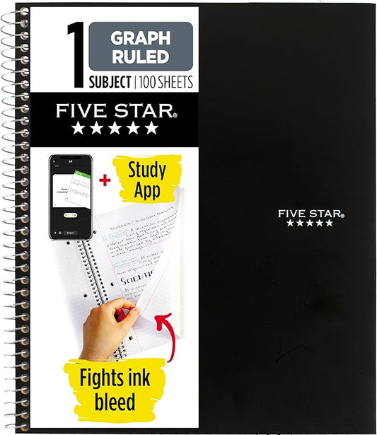 Five Star Spiral Notebook + Study App, 1 Subject, Graph Ruled Paper, 8-1/2" x 11", 100 Sheets, Fights Ink Bleed, Water Resistant Cover, Black (73679)