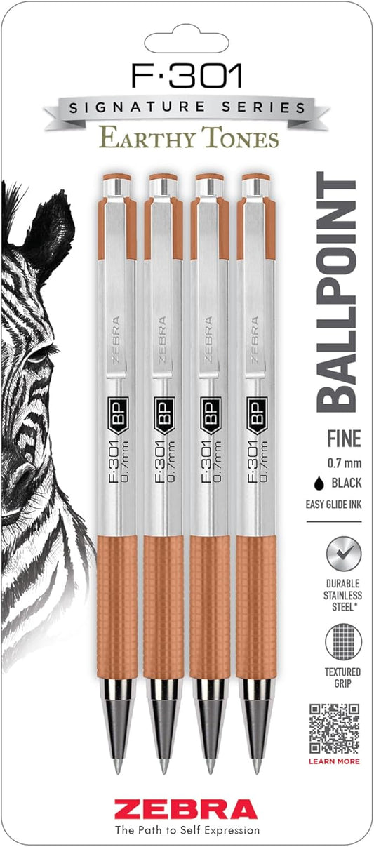Zebra Pen F-301 Signature Series Retractable Ballpoint Pen, 0.7mm, Black Easy-Glide Ink, Stainless-Steel Barrel, Terracotta Earth Tone Accents, Best for Office, Journal and Planner Use, 4-Pack (27294)