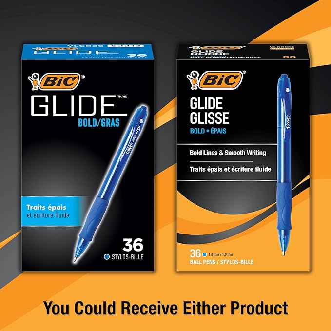 BIC Glide Bold Blue Ballpoint Pens, Bold Point (1.6mm), 36-Count Pack, Retractable Ballpoint Pens With Comfortable Full Grip