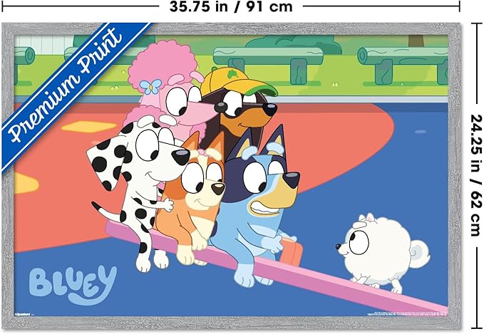 Bluey (2018) - Bluey and Friends See Saw Fun Wall Poster, 34L" x 22.4W", Gray Framed Version