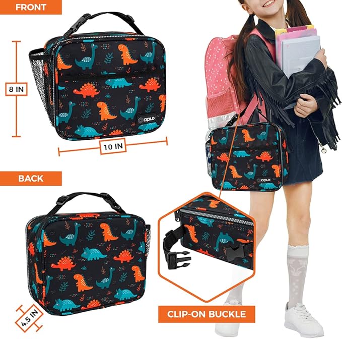 opux Insulated Lunch Bag Kids, Lunch Box for School Boy Girl, Leakproof Small Reusable Compact Soft Mini Cooler Bag, Toddler Small Lunch Boxes Kit Pail with Front Side Pockets (Dinosaur)