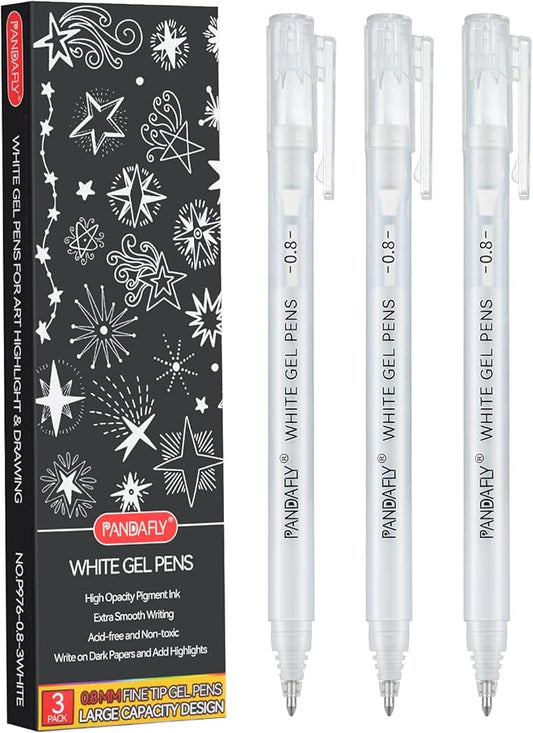 PANDAFLY White Gel Pens, 0.8mm Extra Fine Point Opaque Archival Ink Pen for Journaling, Art, or Drawing - For Artist Gifts, Holiday Gifts & DIY Projects, 3 Pack