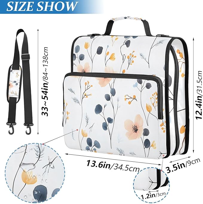3 Ring Zipper Binder with Shoulder Strap Flower Wildflower 1.5 inch Binders Keeper Large Capacity Multi Pockets for School Office Supplies