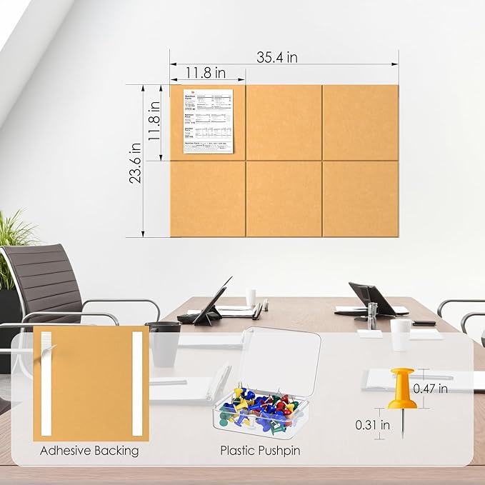 MaxGear Large Cork Board for Wall 36" x 24", Mustard Yellow Bulletin Board, 6 Pack Felt Wall Tiles with Pushpins, Cork Boards for Office Pin Board Tack Board Cork Boards