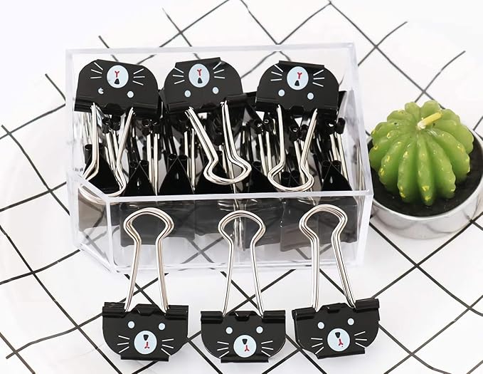 Cute Cat Metal Binder Clips 20Pcs Black Medium Paper Clamps for School Home Desk Organizers Office Supplies