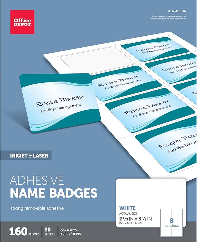 Office Depot Name Badge Labels, 2 1/3in. x 3 3/8in., White, Pack of 160, OD98843