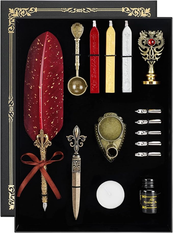 Quill Pen and Ink Set - Feather Calligraphy Dip Fountain Pen with Wax Seal Stamp Kit and 5 Nibs (Red)