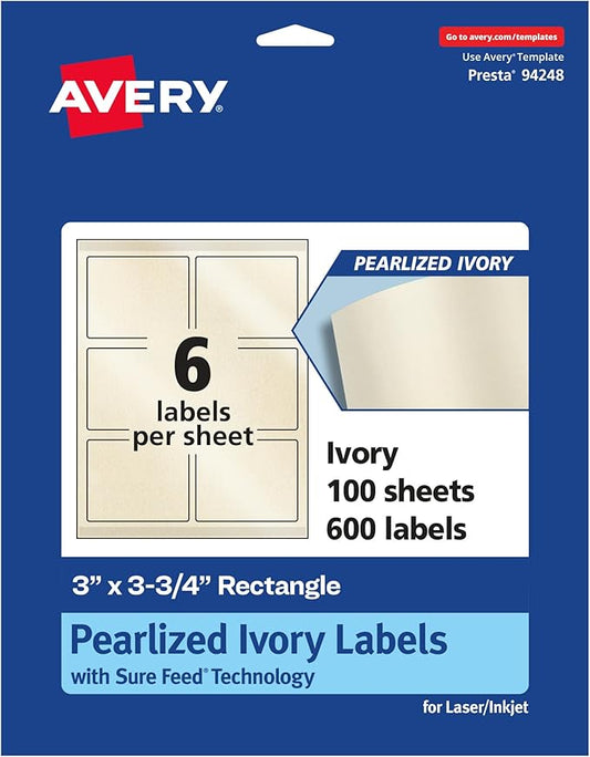 Avery Pearlized Ivory Rectangle Labels, Sure Feed Technology, Print-to-The-Edge, 3" x 3.75", 600 Pearlized Ivory Labels, Laser/Inkjet Printable