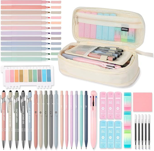 56 PCS Aesthetic School Supplies with Large Pencil Case, 5 Inspirational Ballpoint Pens, 12 Pastel Highlighters, 5 Black Ink Gel Pens, 6 Mechanical Pencils 0.5-0.7mm Student Essentials (Beige)