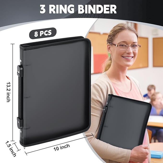 Teling 8 Pcs Plastic Zipper Binders with 3 Ring Zipper Binder, Refillable File Organizer Planner for Projects, Assignments, Memos, School Work (1 Inch,Black)