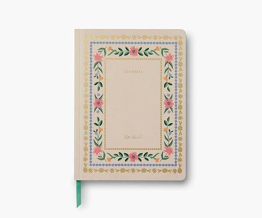 RIFLE PAPER CO. Aster Softcover Journal 150 Lined Pages, 8.5" L x 6.25" W, Linen Textured Paper-Wrapped Hardboard Cover, Includes Grosgrain Ribbon Bookmark