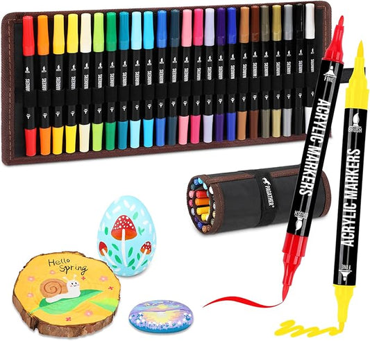 24 Colors Acrylic Paint Markers, Dual Tip with Fine Tip and Brush Tip Pens for Stone, Wood, Calligraphy, Canvas, Ceramic, Metal, Glass, Rock Painting, DIY Crafts Art Supplies Kit