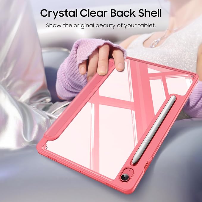 Fintie Hybrid Slim Case for Samsung Galaxy Tab S10 Lite/ S10 FE/ S9 FE 10.9 Inch/Tab S9 11 Inch with S Pen Holder, Shockproof Cover with Clear Transparent Back Shell, Auto Wake/Sleep, Watermelon Red