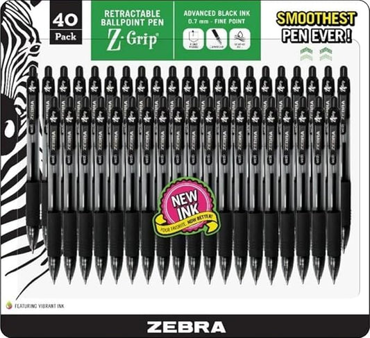 Zebra Z-grip Ballpoint Pens - Black Retractable Fine Point 0.7mm, Pack of 40