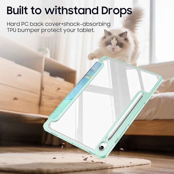 Fintie Hybrid Slim Case for Samsung Galaxy Tab S10 Lite/ S10 FE/ S9 FE 10.9 Inch/Tab S9 11 Inch with S Pen Holder, Shockproof Cover with Clear Transparent Back Shell, Auto Wake/Sleep, Emerald Marble