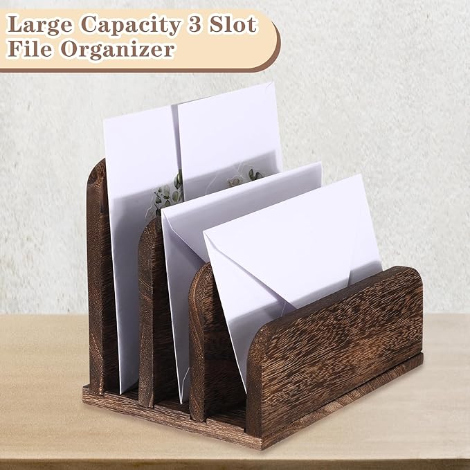 Wooden Mail Holder 3 Slots Mail Organizer for Desk Wood File Paper Letter Sorter for Letter Envelope Filing Cell Phone Document Storage, Organizer Tray for Office and Home (Dark Brown)