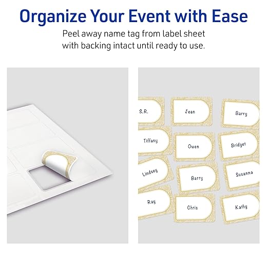 Avery Printable Adhesive Name Badges, 2-1/3" x 3-3/8", Pre-Printed Arched Metallic Gold Florals Design, Matte White, Laser & Inkjet Compatible, 80 Total