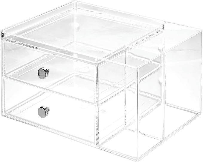 iDesign Plastic Vanity, Compact Storage Set Compartments for Cosmetics, Dental Supplies, Hair Care, Bathroom, Dorm, Desk, Countertop, Office, 6.5" x 6.5" x 6.5", 2 Drawer-Side Organizer