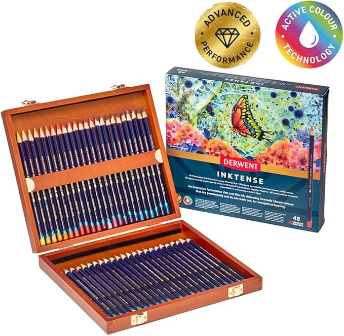 Derwent Inktense Pencils 48 Wooden Box, Set of 48, Premium 4mm Round Core, Firm, Watersoluble, Ideal for Watercolor, Drawing, Coloring and Painting on Paper and Fabric, Professional Quality (2300151)