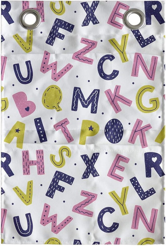 Ambesonne Alphabet Hanging Pocket Organizer, Geometric with Hearts Stars and Mini Polka Dots, Printed Polyester Storage Bag with Pockets, 14" x 20", Yellow Green Pastel Pink