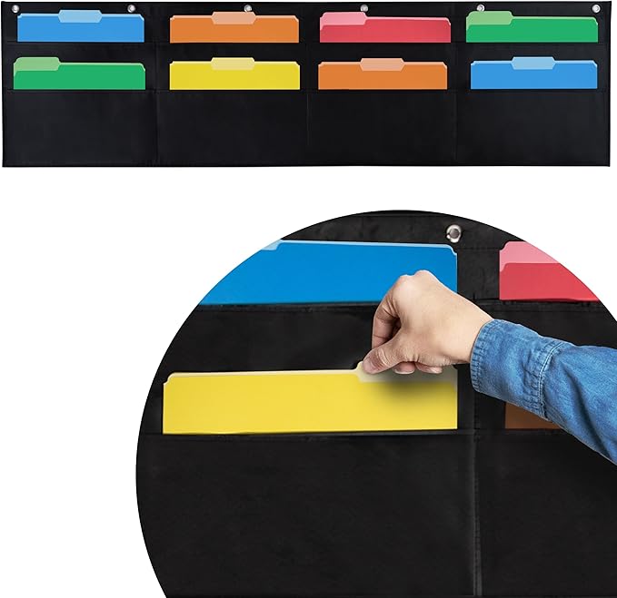 Essex Wares - 8 Pocket File Pocket Chart, Black, 28" Wide x 26" Tall - Versatile Wall Hanging File Folder Organizer for Classroom, Office, Home, and More - Wall Folder Organizer - 8 Pockets
