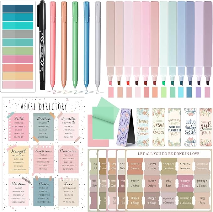 XKDOUS 33 Pcs Bible Study Supplies Journaling Kit for Women, Bible Study Kit with Bible Highlighters No Bleed and Tabs, Bible Accessories Include Bookmarks, Pens and More, Bible Verse Gifts for Study